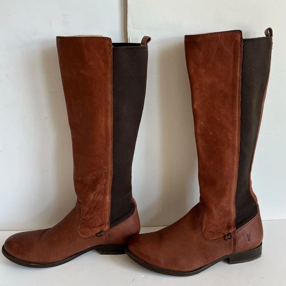 Frye Molly Gore Brown Tall Elastic Panel Riding Boots size 8.5B